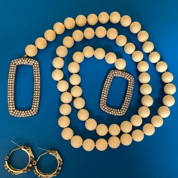 Heidi Daus Set Game Changer Pave Crystal Beaded Lariat Necklace & Earrings Ivory - Picture 8 of 16